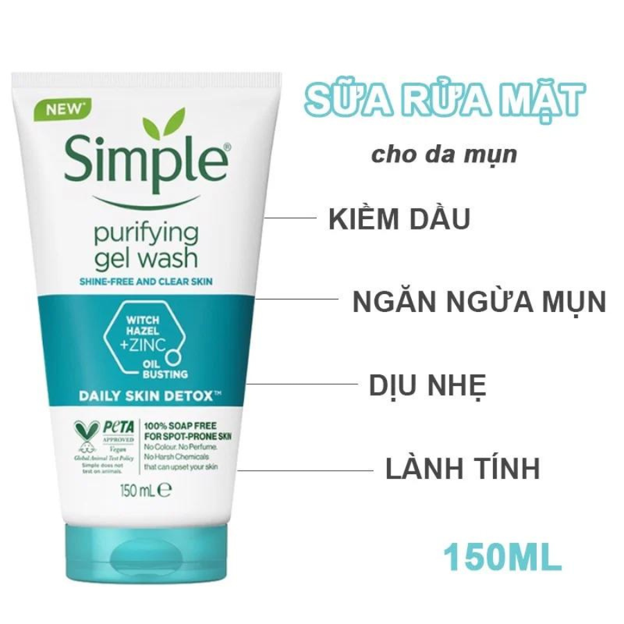 Sữa rửa mặt Simple giúp kiềm dầu và ngừa mụn hiệu quả - cho da mụn nhạy cảm 150ml