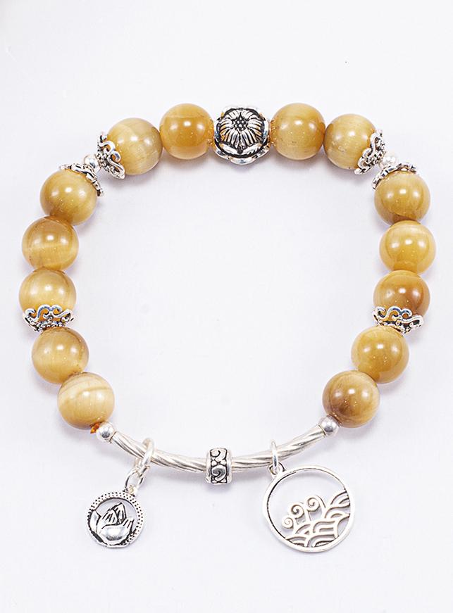 Vòng Tay Phong Thủy Nữ Đá Mắt Hổ Vàng Tâm Phối Charm Hoa Sen Bạc  Mệnh Thổ, Kim Ngọc Quý Gemstones