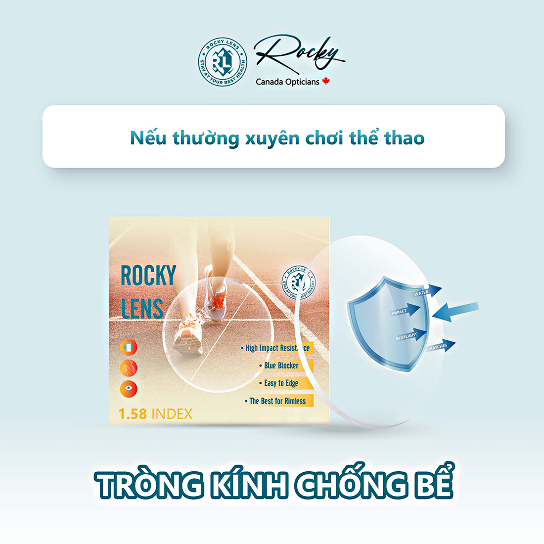 Tròng Kính Rocky Chống Bể 1.58 Chống Ánh Sáng Xanh