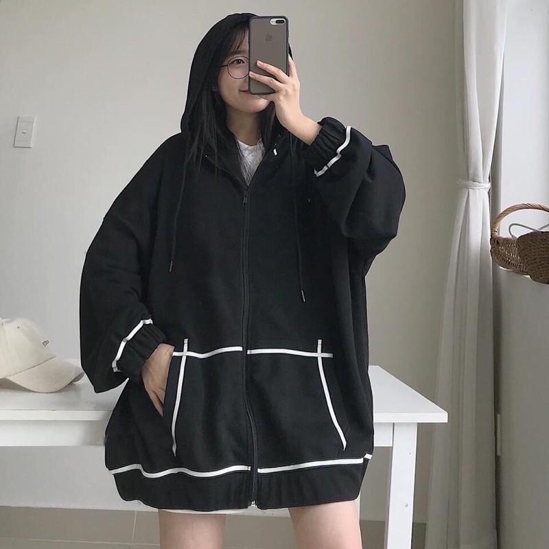 Áo Khoác Nỉ Hoodie Nữ Tay Bồng Viền - - Jacket form rộng có mũ, năng động ba màu ĐEN | XANH TÍM THAN | HỒNG