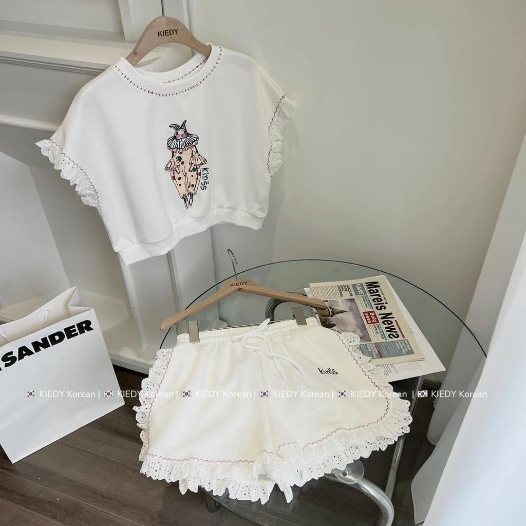 Đồ bộ đi chơi nữ Set áo croptop mix quần sooc phối viền ren bánh bèo, Áo crt tay rộng mix quần sooc viền ren cực xinh