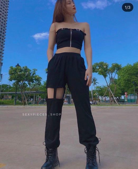 Áo ống da dây kéo phối khoen siêu chất -B0N