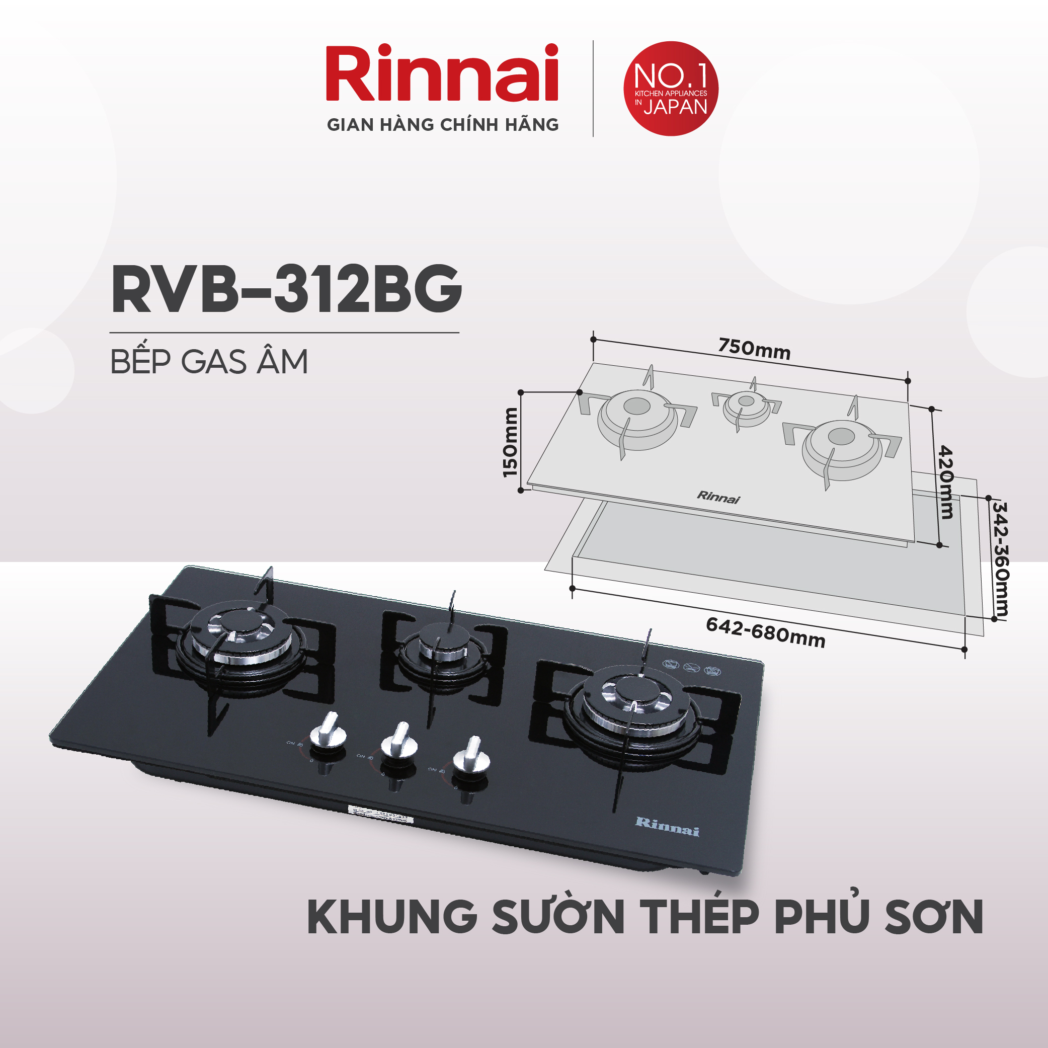 Bếp gas âm Rinnai RVB-312BG mặt bếp kính và kiềng bếp gang - Hàng chính hãng.