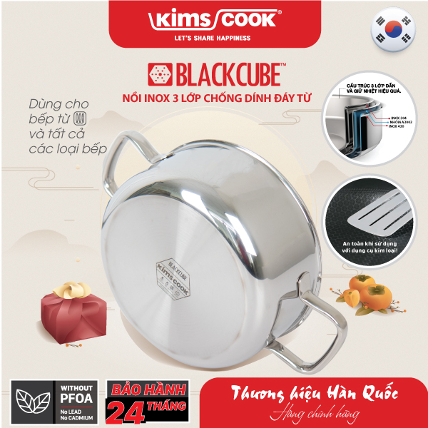 Nồi KIMS COOK Black Cube inox 3 lớp nắp kính chống dính