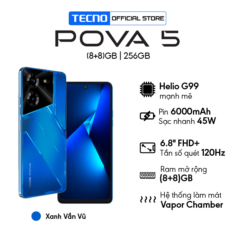 Điện thoại Tecno POVA 5 (8+8)/256GB - MediaTek Helio G99 - Sạc nhanh 45W - 6.8'' FHD+120HZ - Hàng Chính Hãng -  BH 13 Tháng