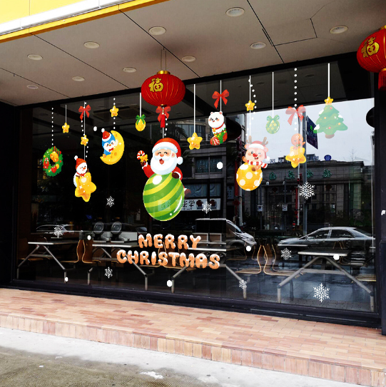 Decal trang trí Noel - Rèm dây ông già Noel ôm quả cầu
