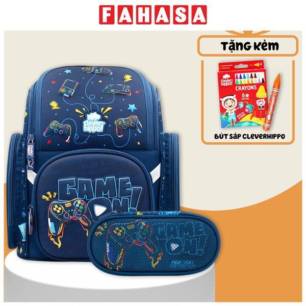 Combo Ba Lô Fancy + Bóp Viết Game On Clever Hippo - Tiểu Học (Tặng Kèm Hộp 16 Bút Sáp Màu Colorful)