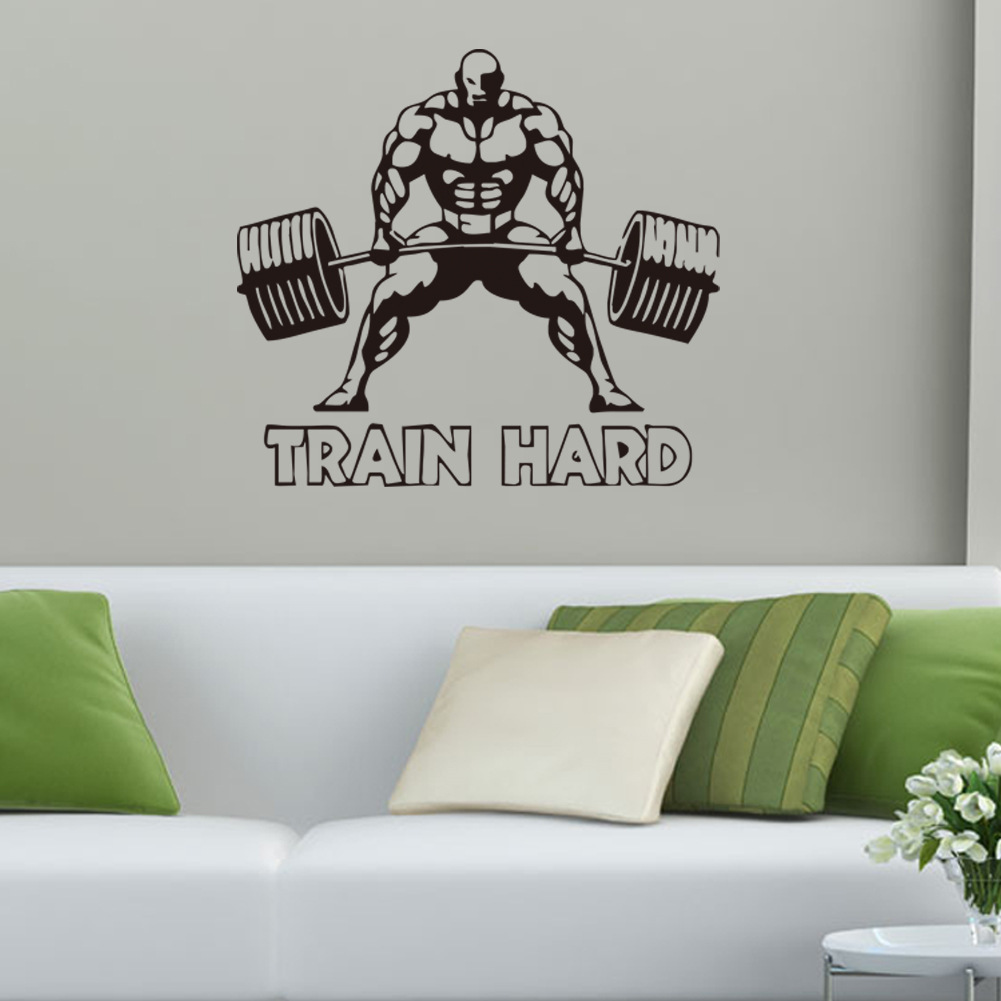 Decal Dán Tường Sticker Bodybuilding Gymer Gánh Tạ Train Hard Động Lực