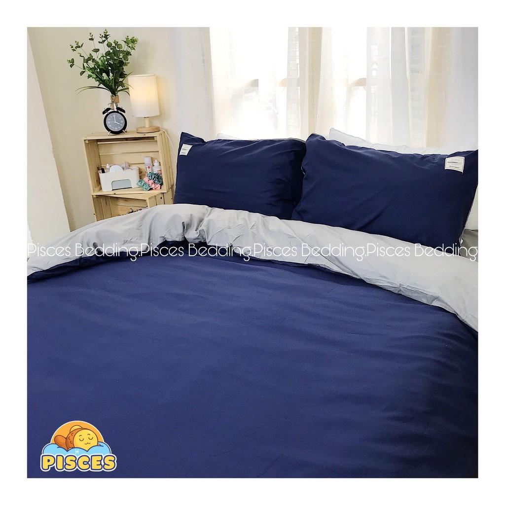 Bộ Chăn Ga Gối Cotton Đũi Xanh Than Phối Ghi