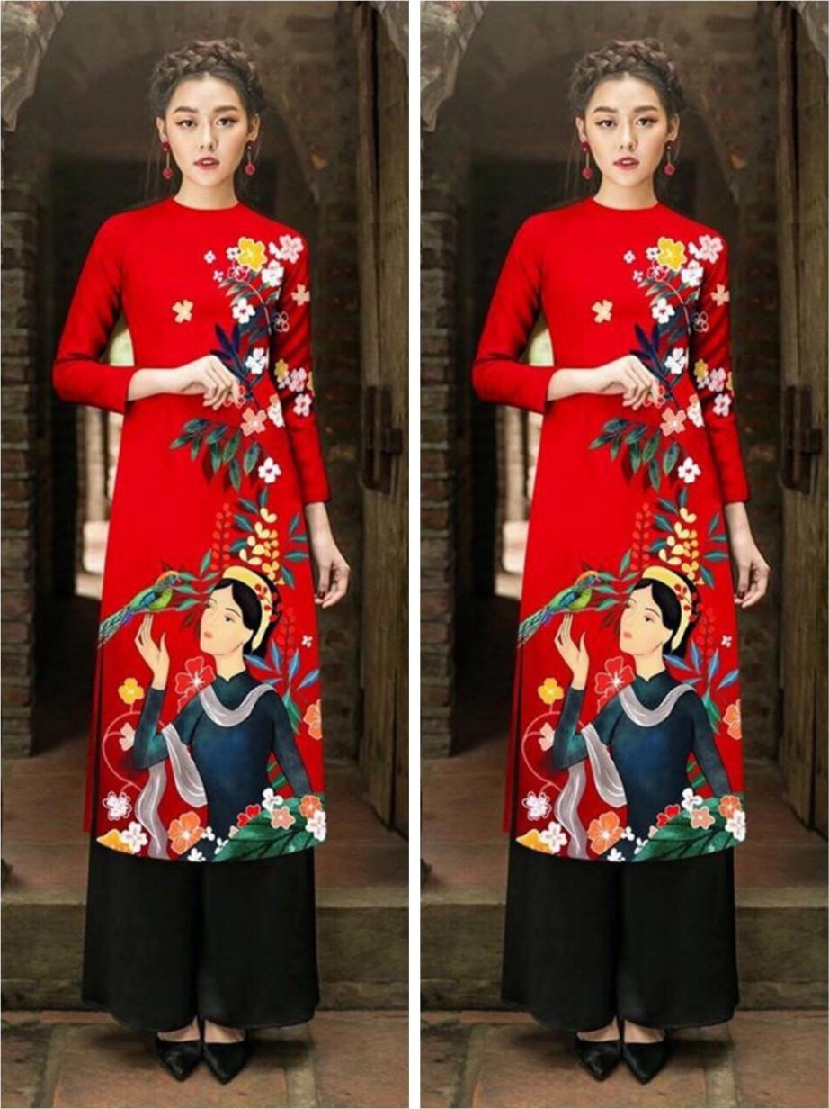 Set áo dài họa tiết cô gái DV size M/L/XL/XXL