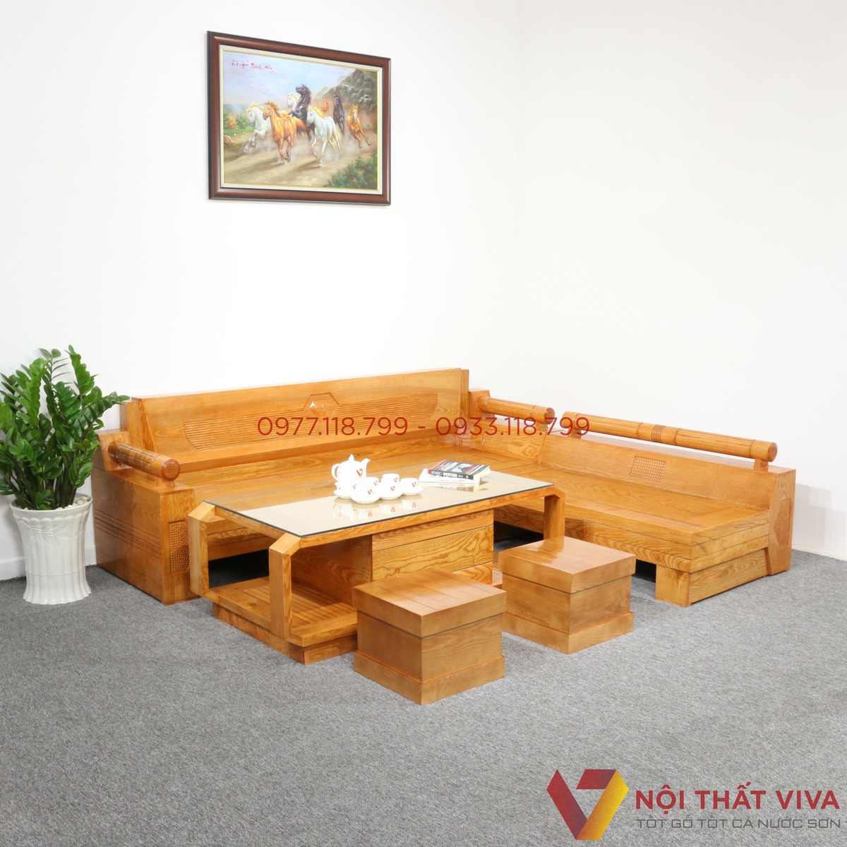 Bộ Sofa Góc Chữ L Chạm Kim Cương Gỗ Sồi Nga Đẹp Giá Rẻ
