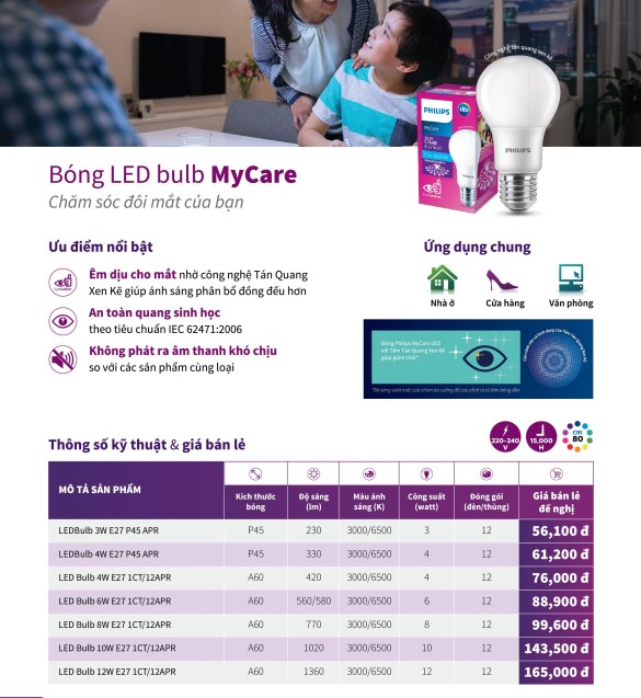 Bóng đèn PHILIPS LEDBULB Mycare A60 -Công suất (4W,6W,8W,10W,12W)