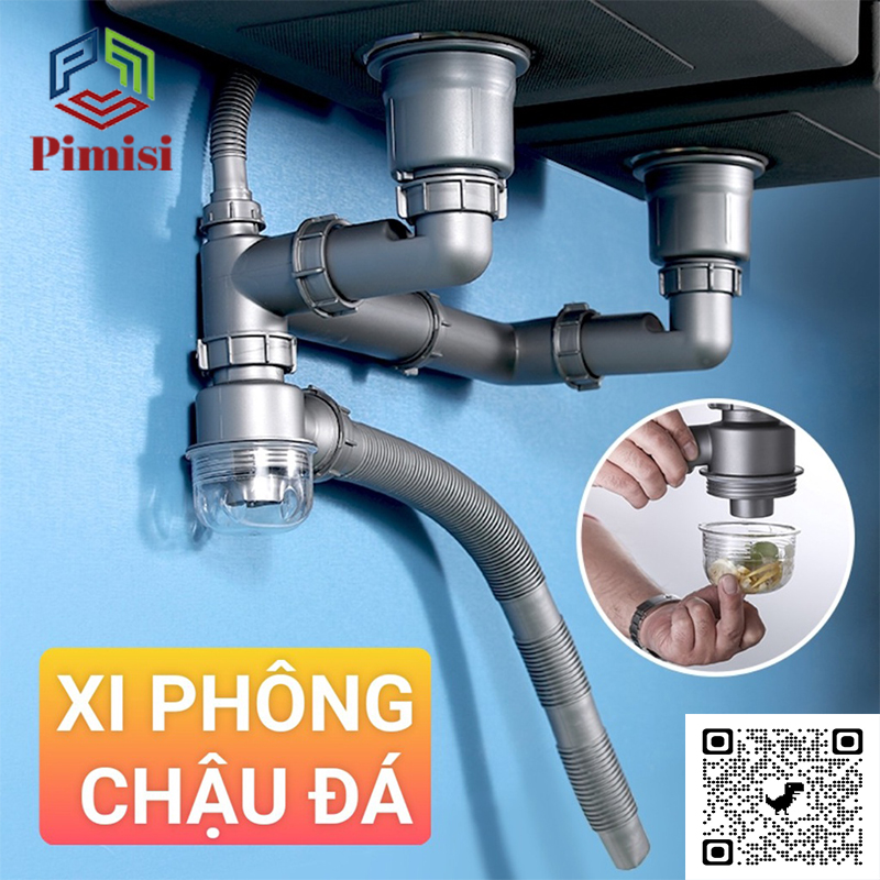 Bộ Xi Phông Xả Thải Bồn Rửa Chén Bát 2 Hố Phi 110-140 Pimisi Cao Cấp - Loại Ống Thải Nhựa Cứng Không Đọng Nước - Cốc Inox 304, Lọc Rác, Bầu Chống Mùi Hôi Và Giảm Dầu Mỡ Ống Dẫn - Có Thoát Tràn | Hàng Chính Hãng