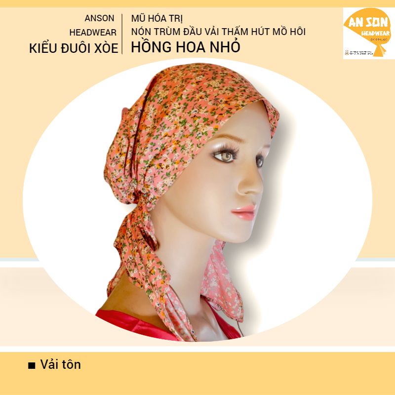 Nón hóa trị vải mềm mát, hút mồ hôi, bệnh nhân ung thư, chemo hat, cancer hat, nón trùm đầu, mũ vải [KIỂU ĐUÔI XÒE-HỒNG HOA NHỎ]