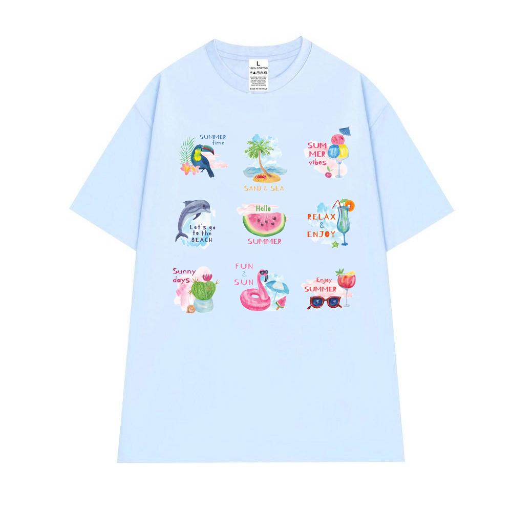 Cao cấp - Áo thun unisex Summer time chim Toucan cá voi cá ngựa với các hoạt tiết vui nhộn áo over