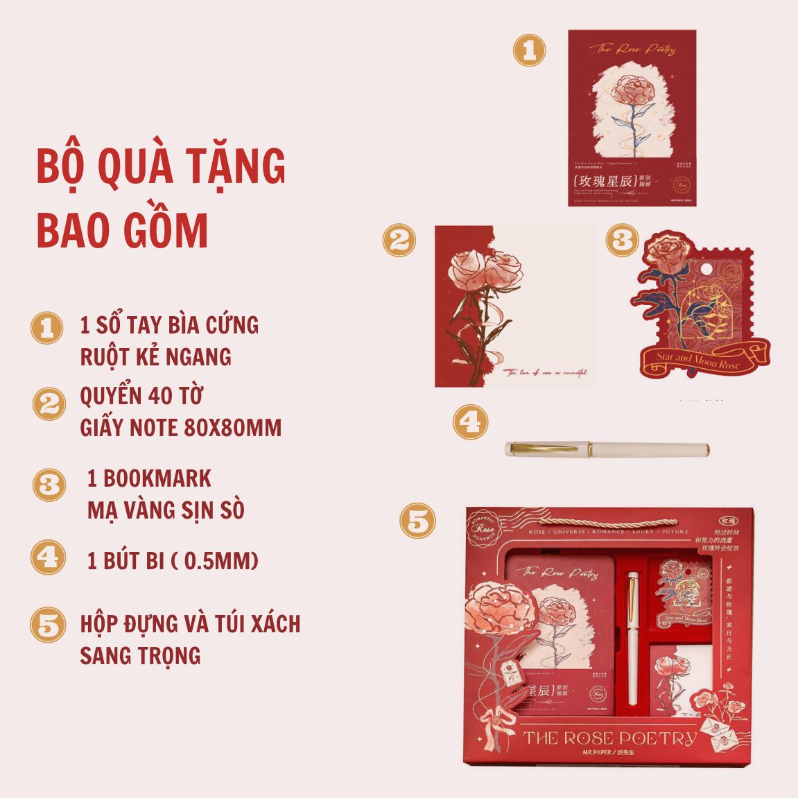 Bộ quà tặng phong cách cổ điển, vintage - sổ tay bìa cứng kẻ ngang hoa hồng rose