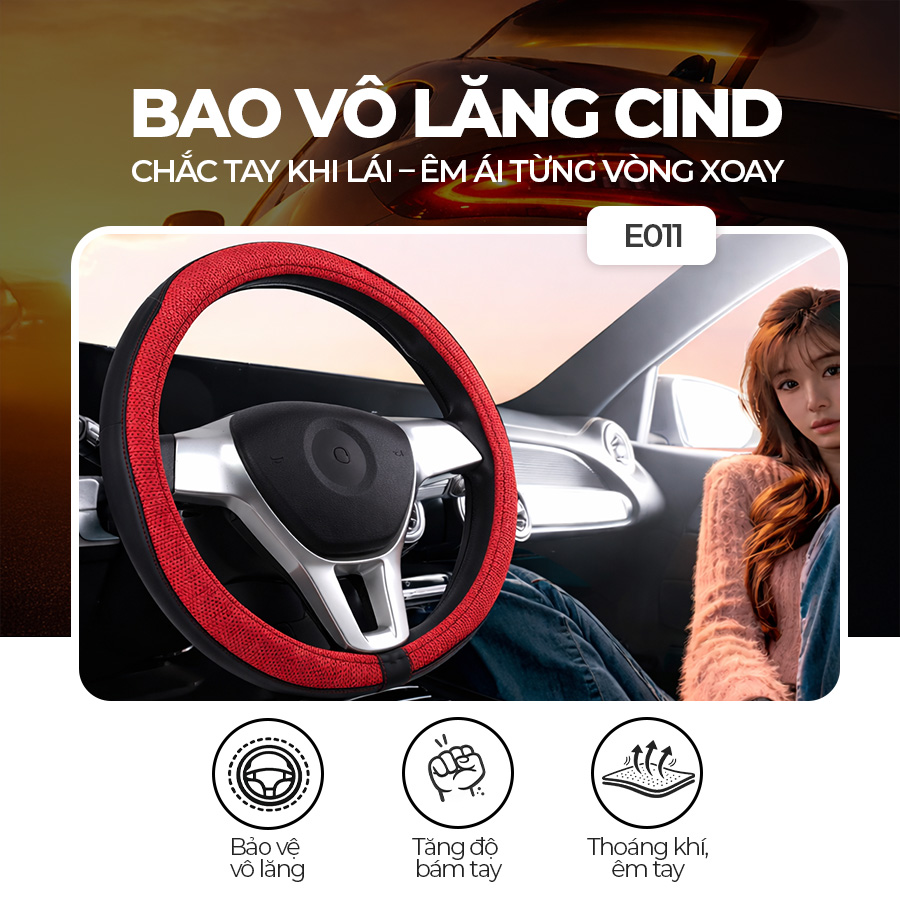 Bọc Vô Lăng CIND E011 Size M Màu Đen Đỏ Da PU Lõi TPE Chống Trượt Siêu Êm - Nhập Khẩu Chính Hãng