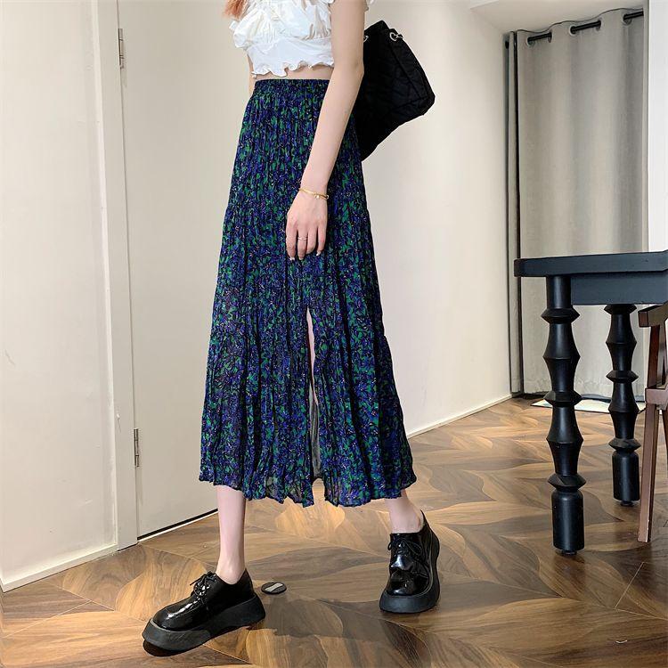 DONGSHOP Cao cấp hoa xẻ tà nửa người váy mùa xuân và mùa hè 2023 Vintage thả cảm thấy gầy váy xếp li một chữ dài váy