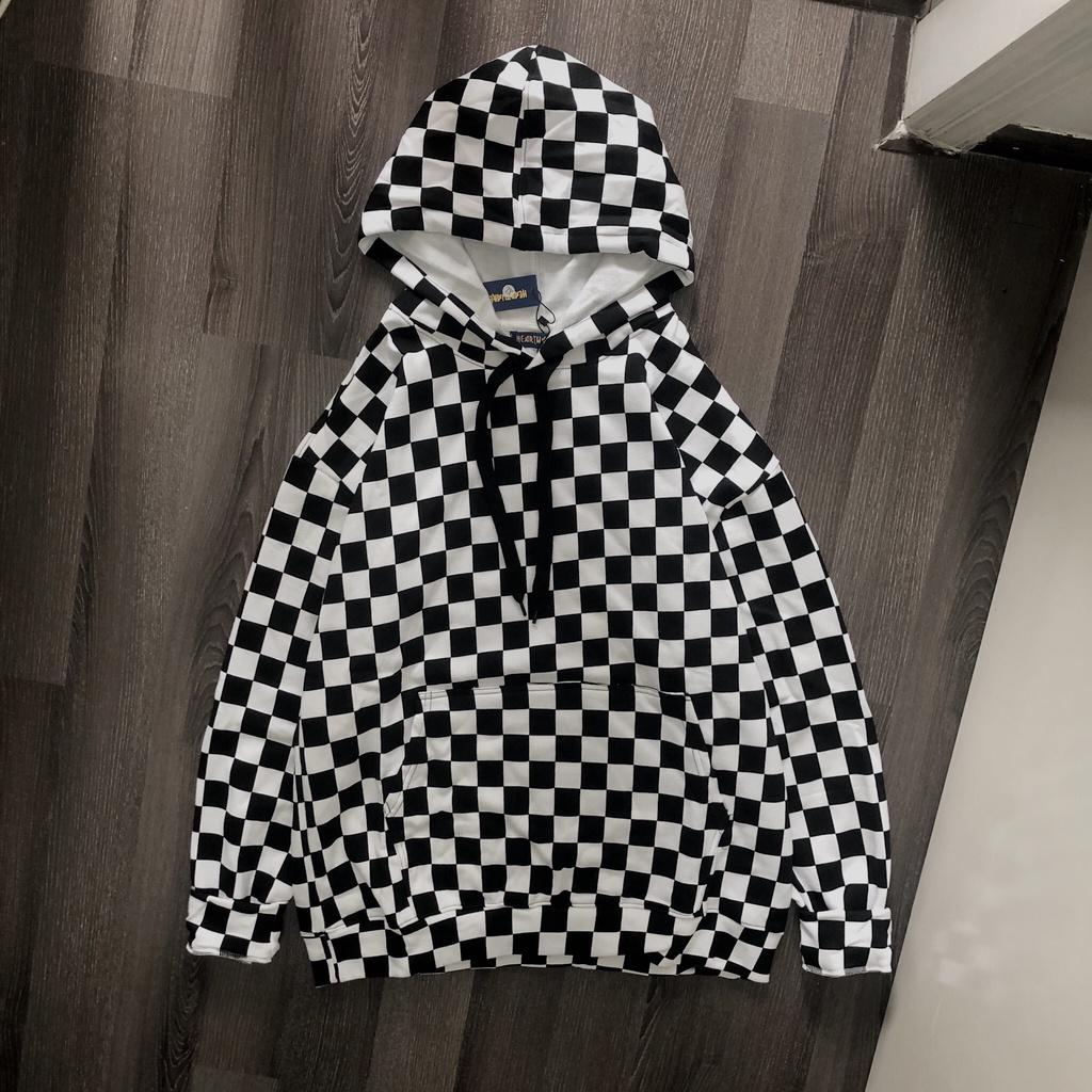 Áo Hoodie sọc caro MEANSTORE nỉ lót bông có mũ oversize unisex nam nữ form rộng phong cách Hàn Quốc - Caro đen trắng