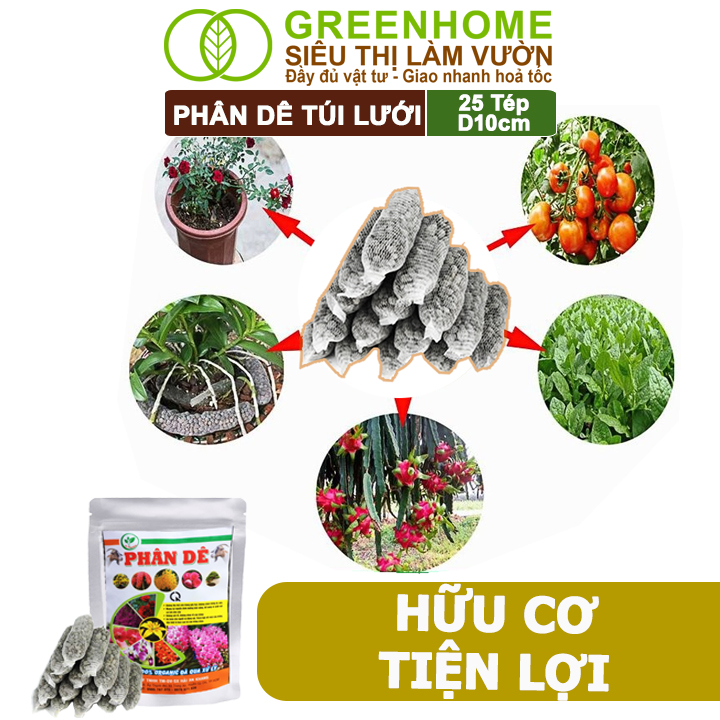 Phân Dê Trồng Lan Greenhome, 25 Túi Lưới Dài 10cm, Đã Qua Xử Lý, Không Mùi, Kích Rễ Phong Lan, Hoa Đậm Màu Lâu Tàn