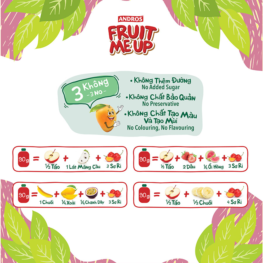 Trái Cây Xay Nhuyễn Nguyên Chất ANDROS Fruit Me Up - Hỗn Hợp 4 Vị (90g x 4)