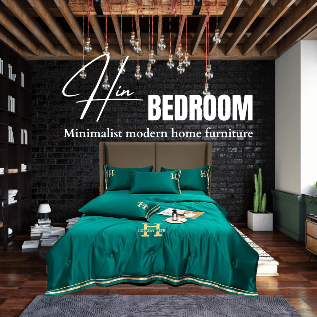 Bộ Chăn Ga Gối Đệm 5 Món Chăn Phao Lụa Thái Hin Home Bedding Drap Giường Lụa Mẫu Xanh Lá