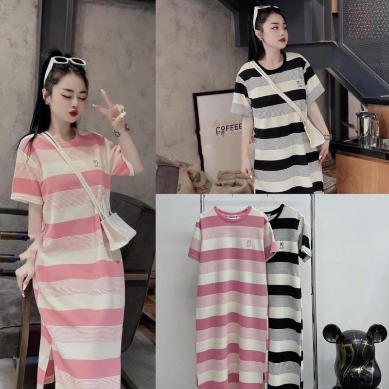 Váy V40, Đầm Suông Kẻ In Hình Tai Thỏ From Rộng, Dáng Dài Chất Cotton