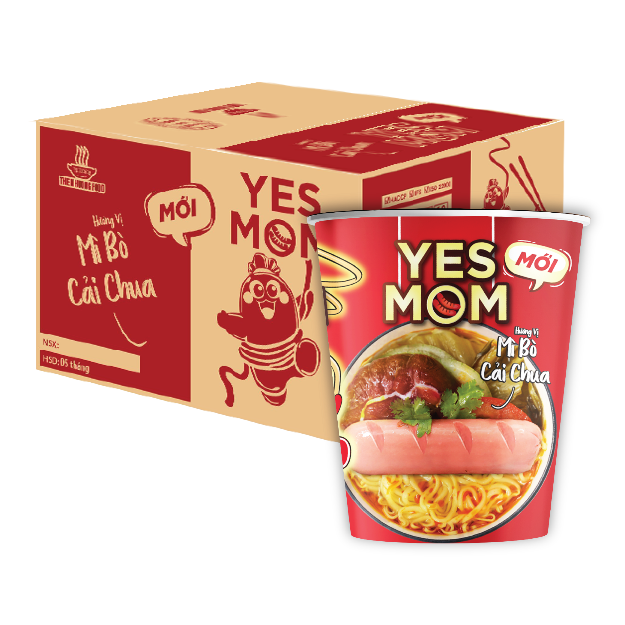 Thùng 24 ly Mì Bò Cải Chua Yes Mom Có Xúc Xích 76g/ly