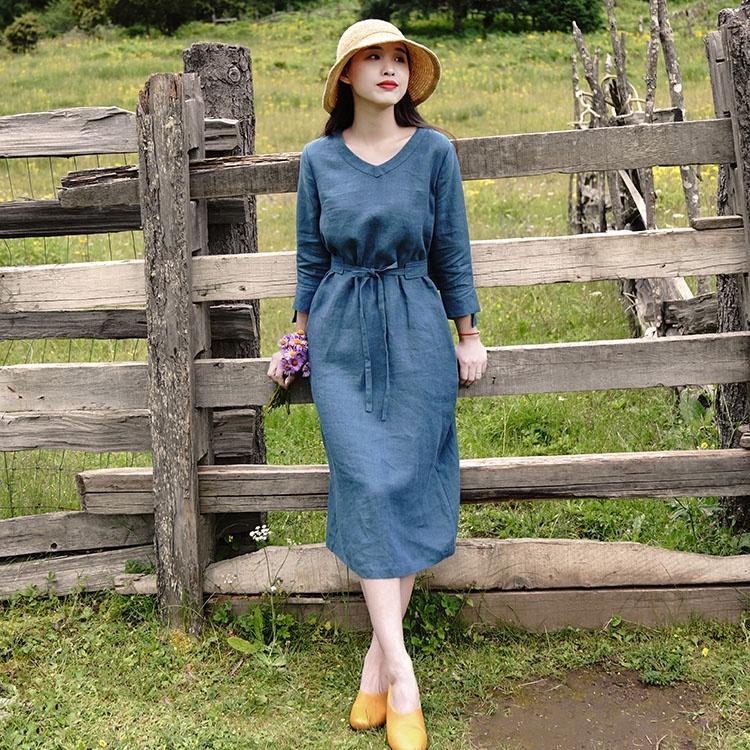 Đầm suông linen cổ tim tay lỡ kèm đai rời, thời trang phong cách trẻ - Xanh coban