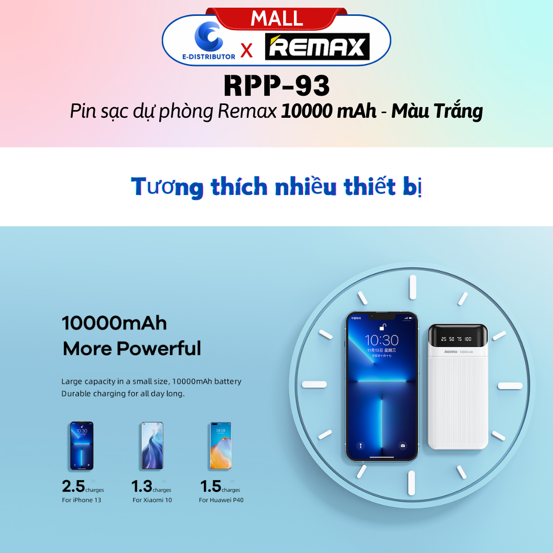 Pin Sạc Dự Phòng Remax 10000 mAh RPP93 Trắng - Hàng Chính Hãng - Bảo Hành 12 Tháng