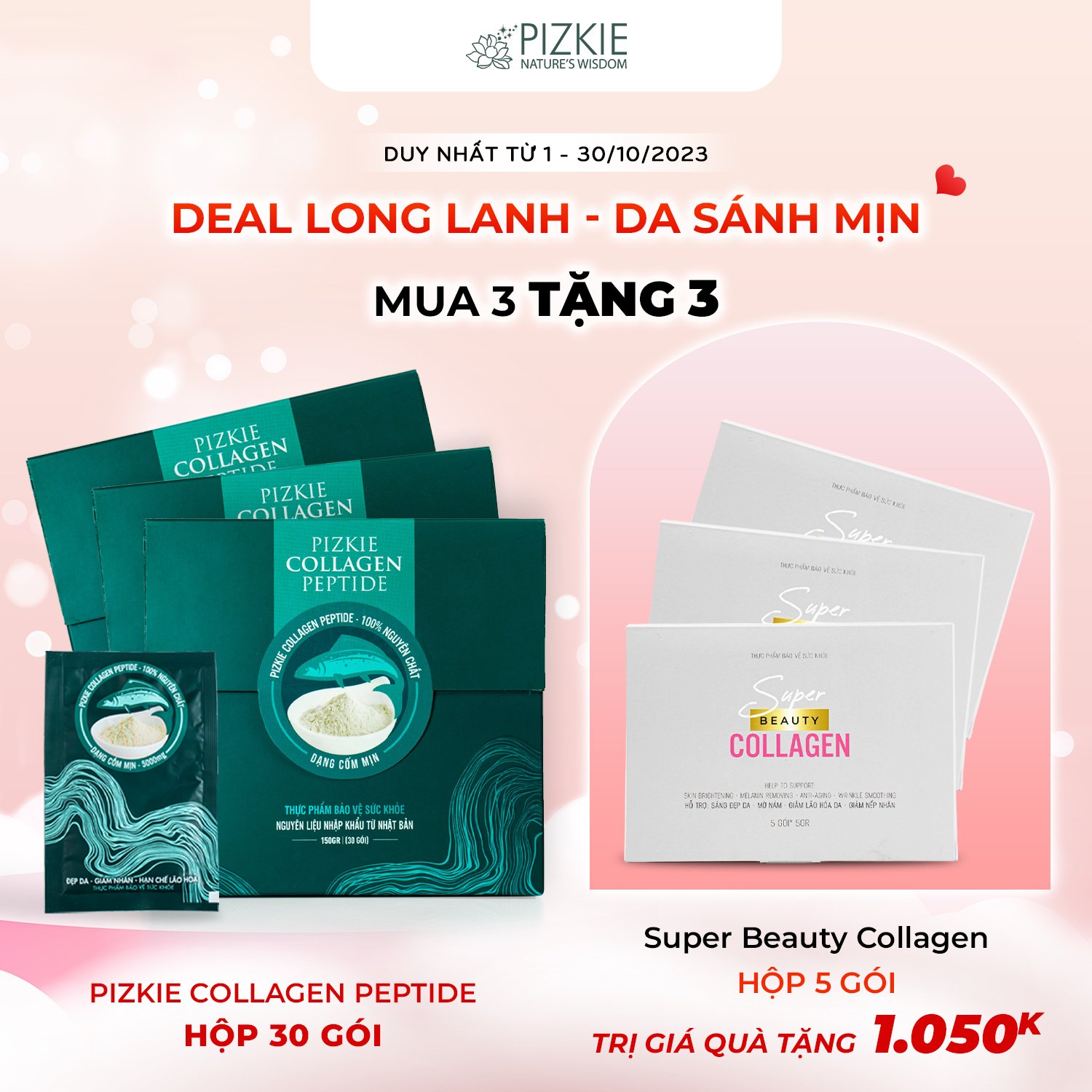 Collagen Cá Hồi PIZKIE COLLAGEN PEPTIDE Làm Đẹp Da 3 Túi 90 Gói 5gr