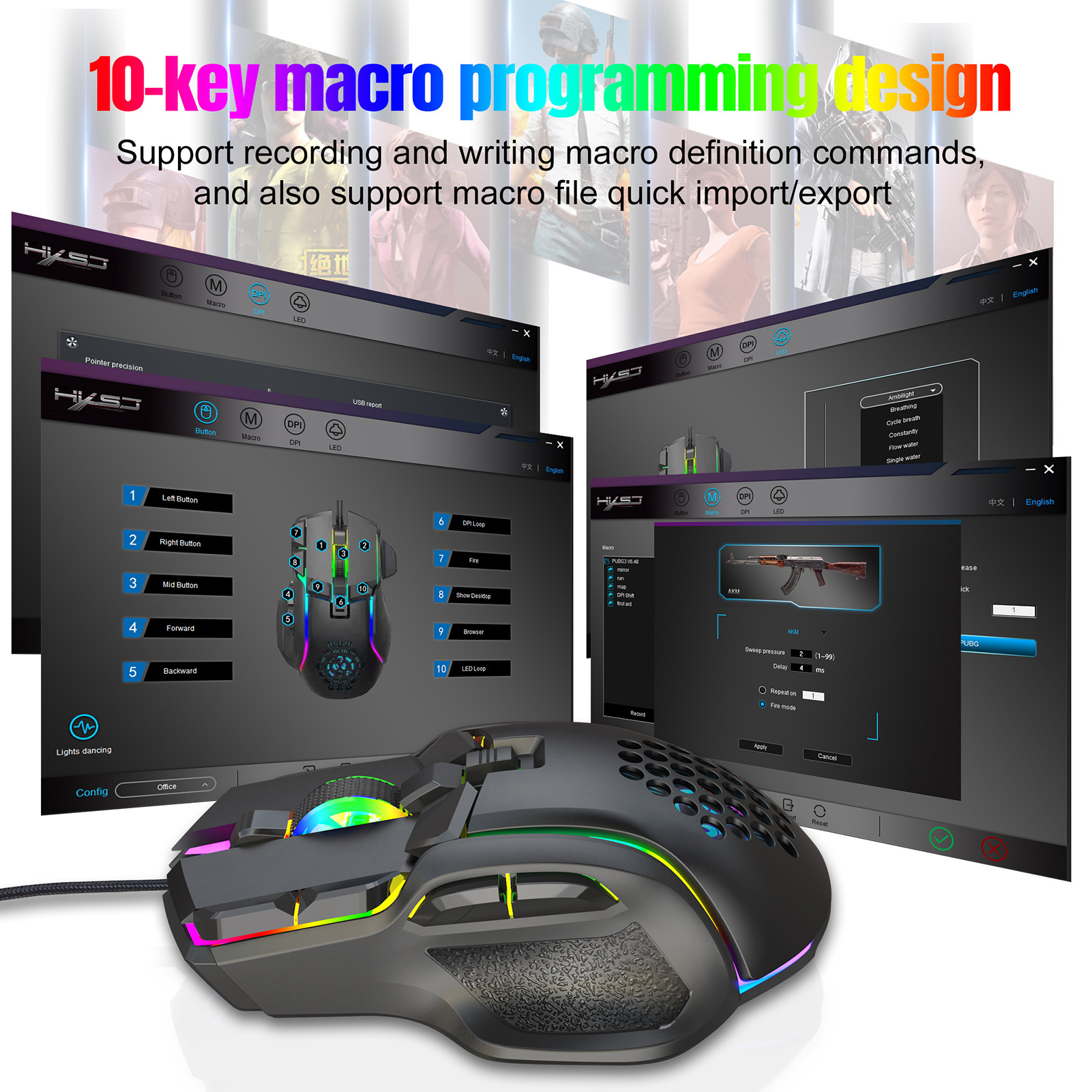 HXSJ S700 10 Keys Wired Gaming Mouse Macro Programming Ergonomic Mice with 6 Adjustable DPI RGB Light Effect