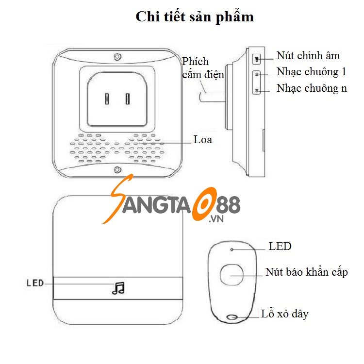 Chuông báo thông minh SOS cho người già, bệnh nhân cao cấp Ver2 (Tặng đèn pin bóp tay mini-giao màu ngẫu nhiên)