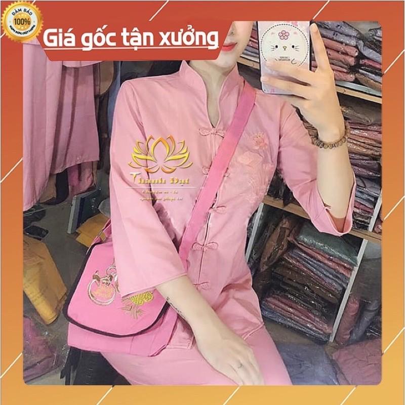 Đồ Lam Đi Chùa quần áo Phật Tử bộ bà lai cổ tàu thêu sen