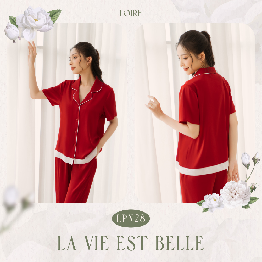 Bộ Pijama Lụa Đỏ Phối Voan Trắng Basic Loirechic LPN28