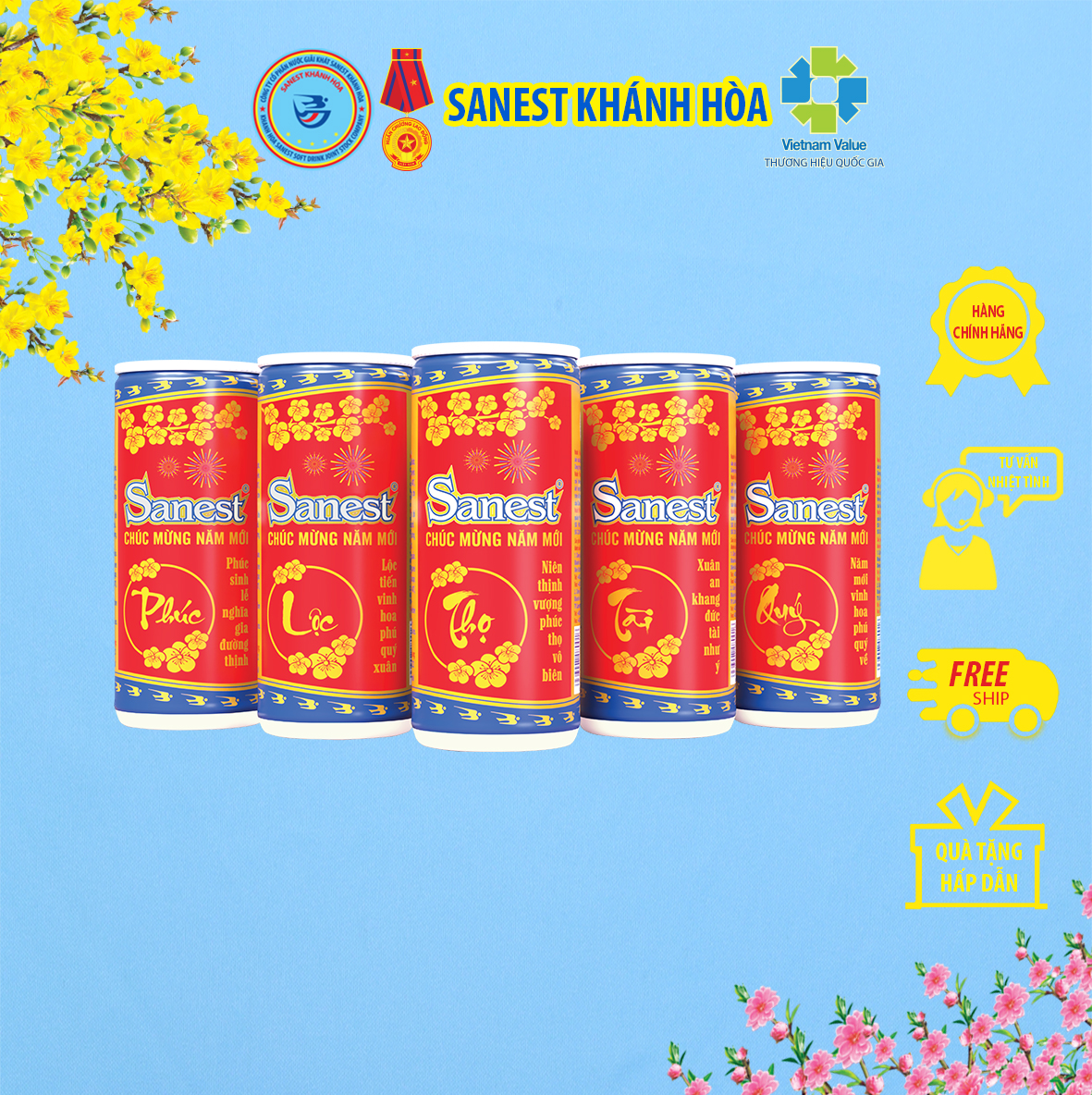 Hộp 10 lon Nước Yến sào Khánh Hòa Sanest Xuân có đường - Đóng lon 190ml