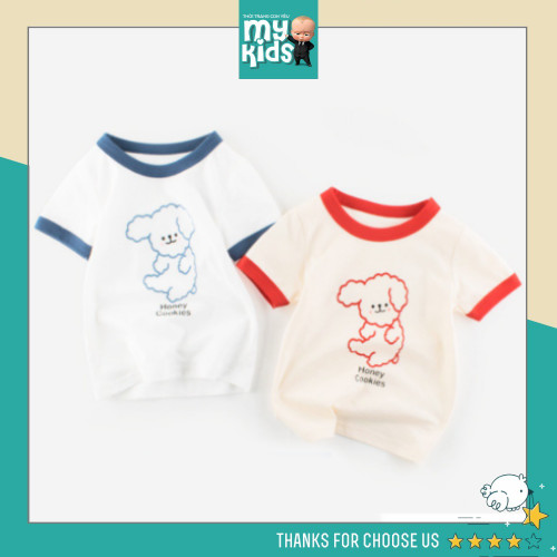 Áo thun cho bé gái tay ghép cổ tròn, in hình chú chó siêu dễ thương chất liệu cotton an toàn cho bé