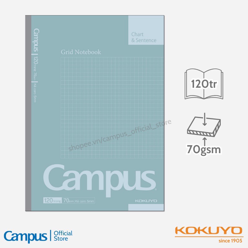 Lốc 5 Vở Caro Campus Basic Notebook 120 Trang - Dòng Kẻ Caro 5mm, Phong Cách Đơn Giản