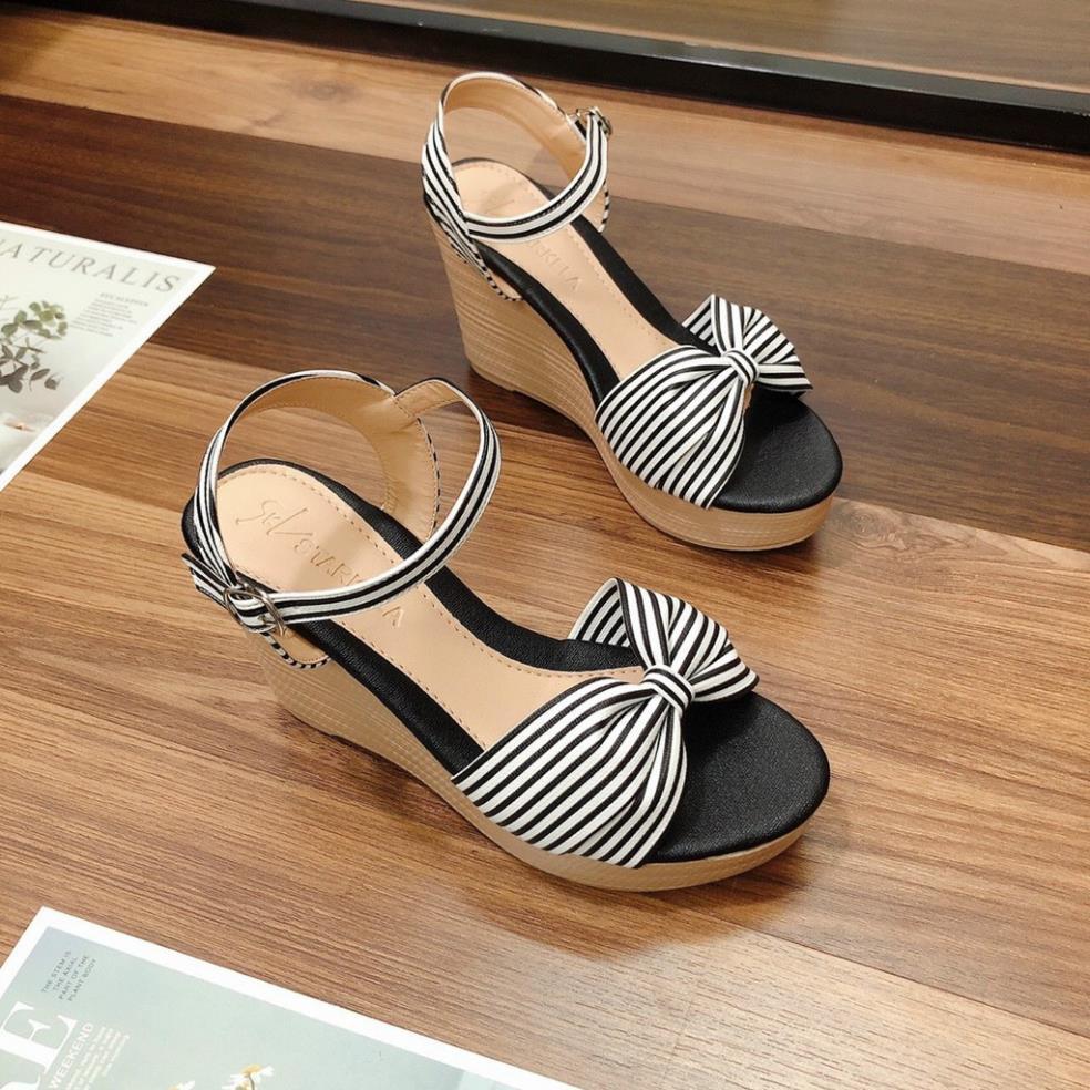 Sandal cao gót , Sandal nữ đế xuồng 9P quai nơ sọc cực chất đế nhẹ, mang êm chuẩn size phom đẹp