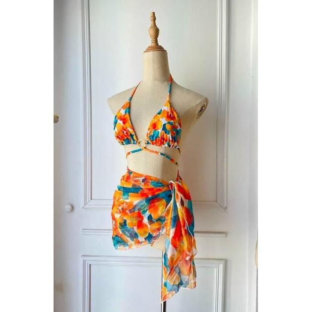 Bikini Đồ Bơi Hai Mảnh 3 Chi Tiết Họa Tiết Hoa Cam Độc Lạ BM-1182