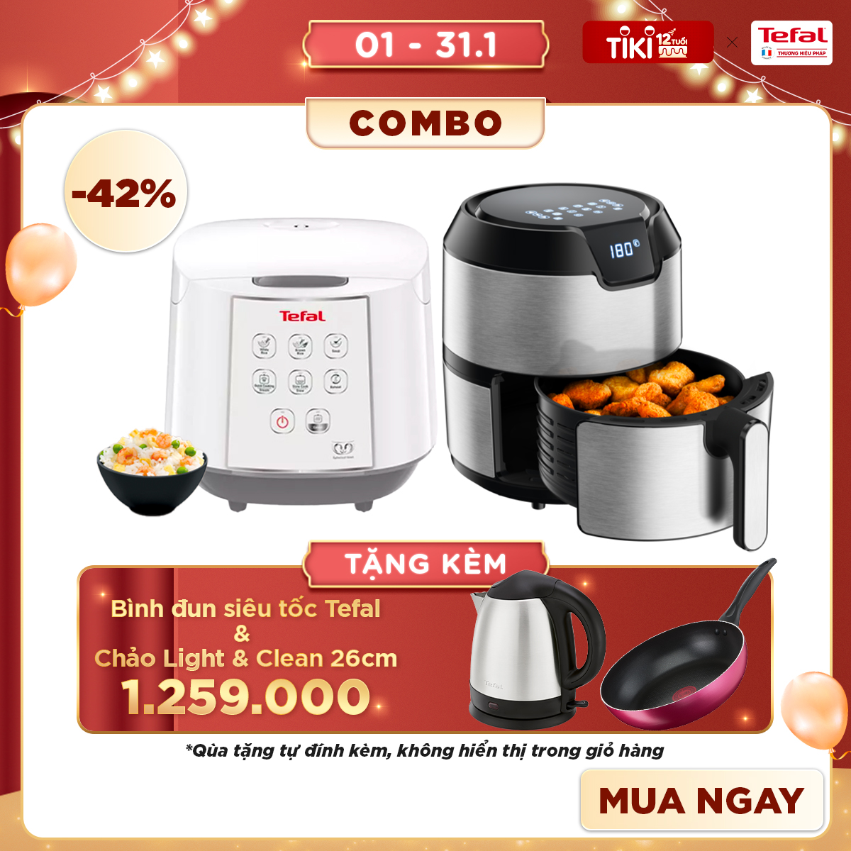 Combo Nồi cơm điện tử Tefal RK733168 - 1.8L, 750W + Nồi chiên không dầu EY401D15 - Hàng chính hãng