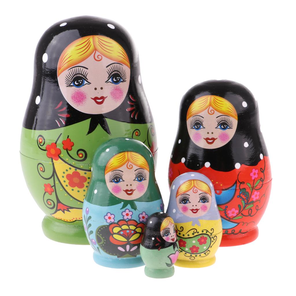 5PCS Painted Girl Wooden Russian Nesting Dolls Babushka Matryoshka Toy Craft