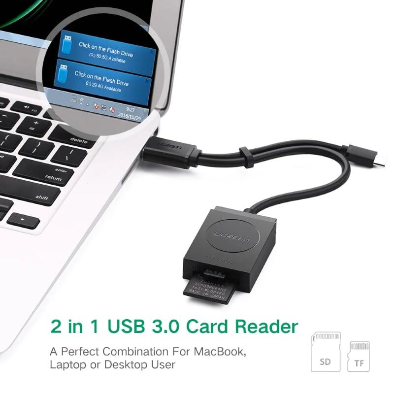 Ugreen UG20203CR127TK 15CM màu Đen Bộ chuyển USB 3.0 sang đọc thẻ TF + SD hỗ trợ OTG cao cấp - HÀNG CHÍNH HÃNG