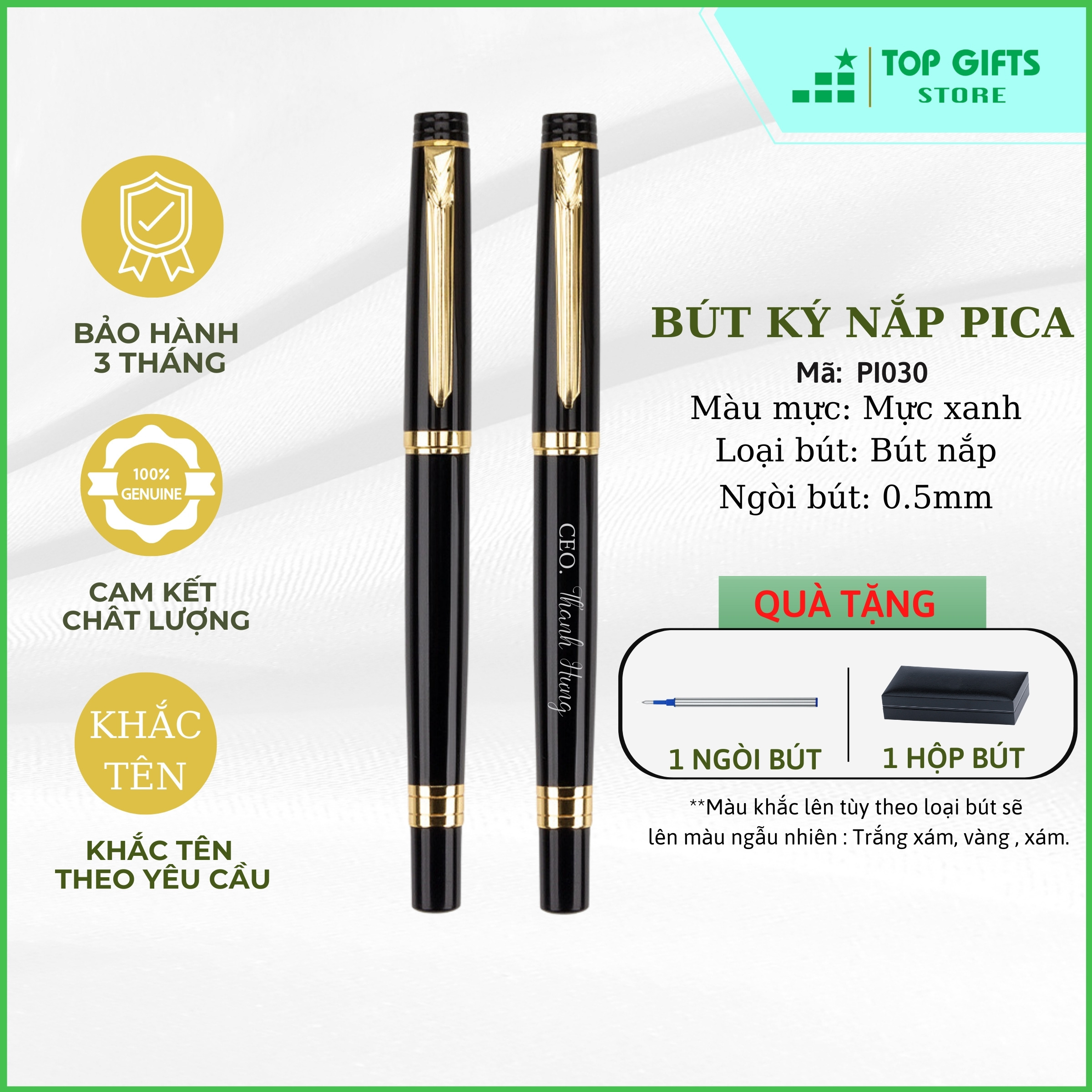 Bút kim loại khắc tên PICA PI030 - Đen viền vàng ngòi 0.5mm mực xanh + Hộp bút