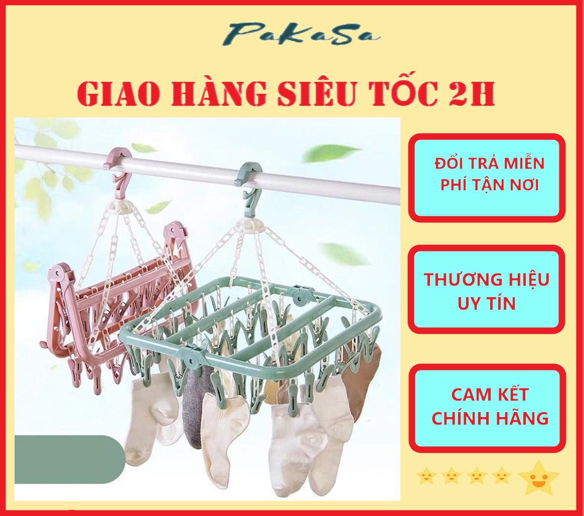 Móc Phơi Quần Áo 32 Kẹp Có Thể Gấp Gọn Bằng Nhựa PaKaSa - Hàng Chính Hãng