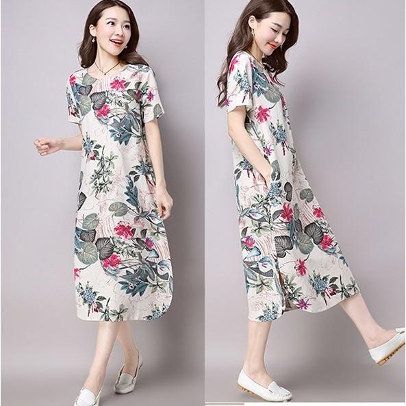 Đầm suông dáng dài họa tiết hoa lá, đầm đũi nữ 2 túi xẻ tà da143