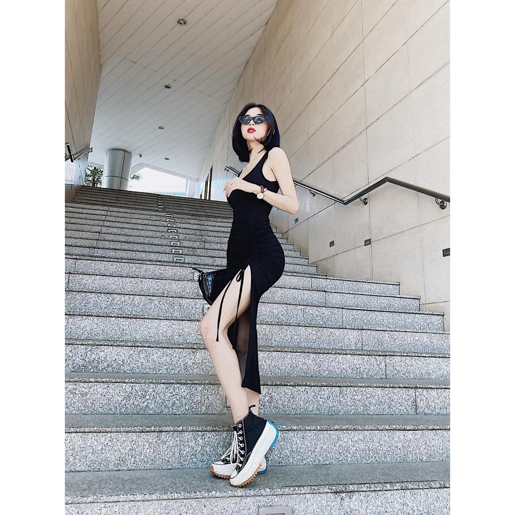 Đầm Thun Body 2 Dây Đen xẻ tà