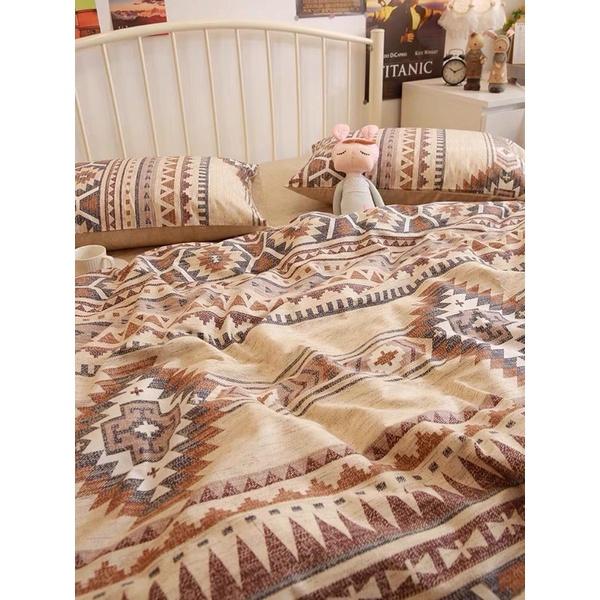 Set Cotton Living 100%cotton Hàng Nhập Khẩu Cao Cấp 4 Món kẻ Nâu Thổ Cẩm