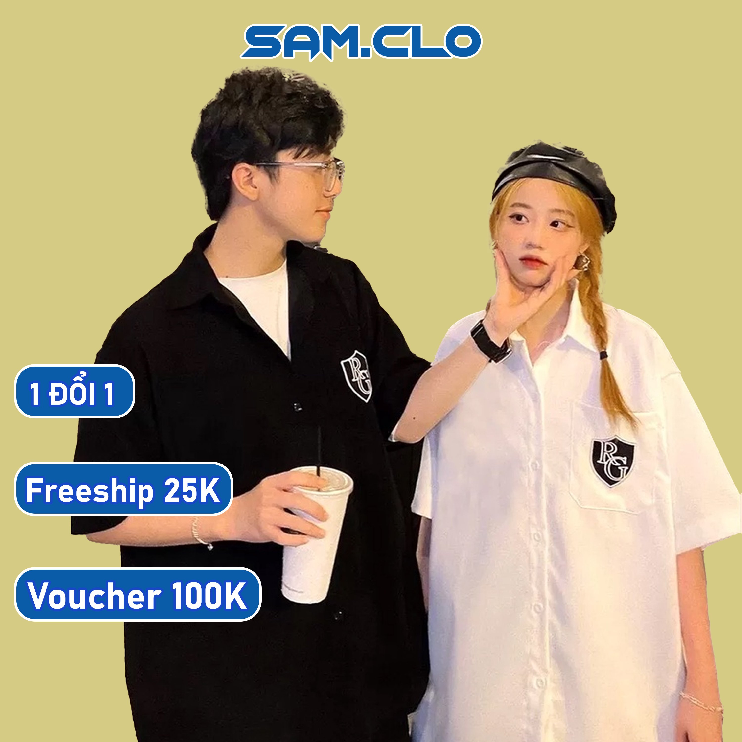 Áo sơ mi học sinh nữ tay ngắn - lỡ, form ulzzang freesize unisex, dáng rộng, mặc đi học, thêu LOGO RG