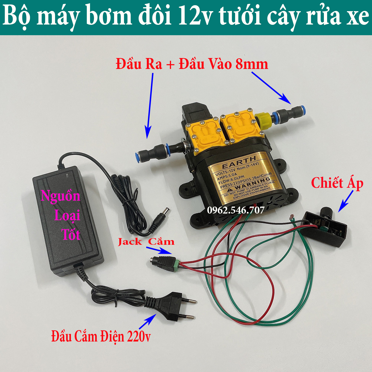 Máy bơm đôi 12V áp lực cao kèm nguồn adapter Sử dụng làm bộ phun sương tưới cây bộ rửa xe mini